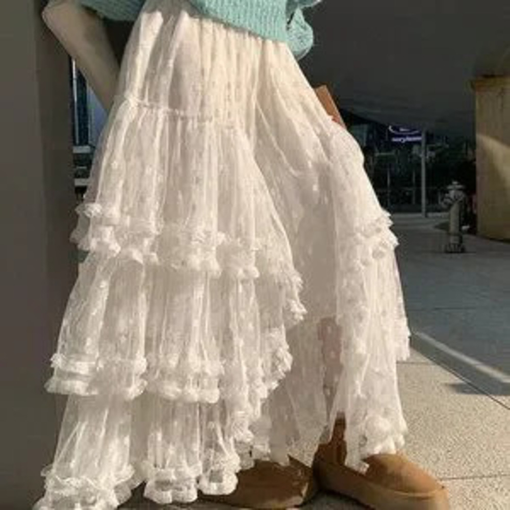 ZARA White Casual Women's French Style Lace Flare Ruffle Skirt